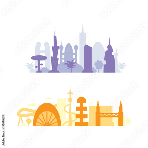 Set city buildings silhouettes. cityscape in future. Modern town elements vector illustration