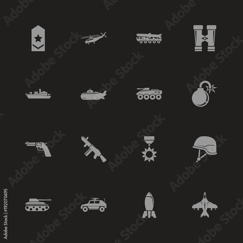 Military icons - Gray symbol on black background. Simple illustration. Flat Vector Icon.