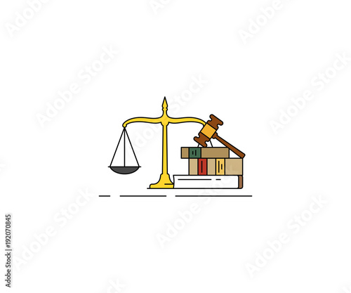 Law and justice concept icon. Legal line vector design. Law scale, book and gavel hammer illustration