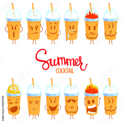 Set of summer cocktails emoji. Many different faces. Emotions. Vector illustration isolated on white background