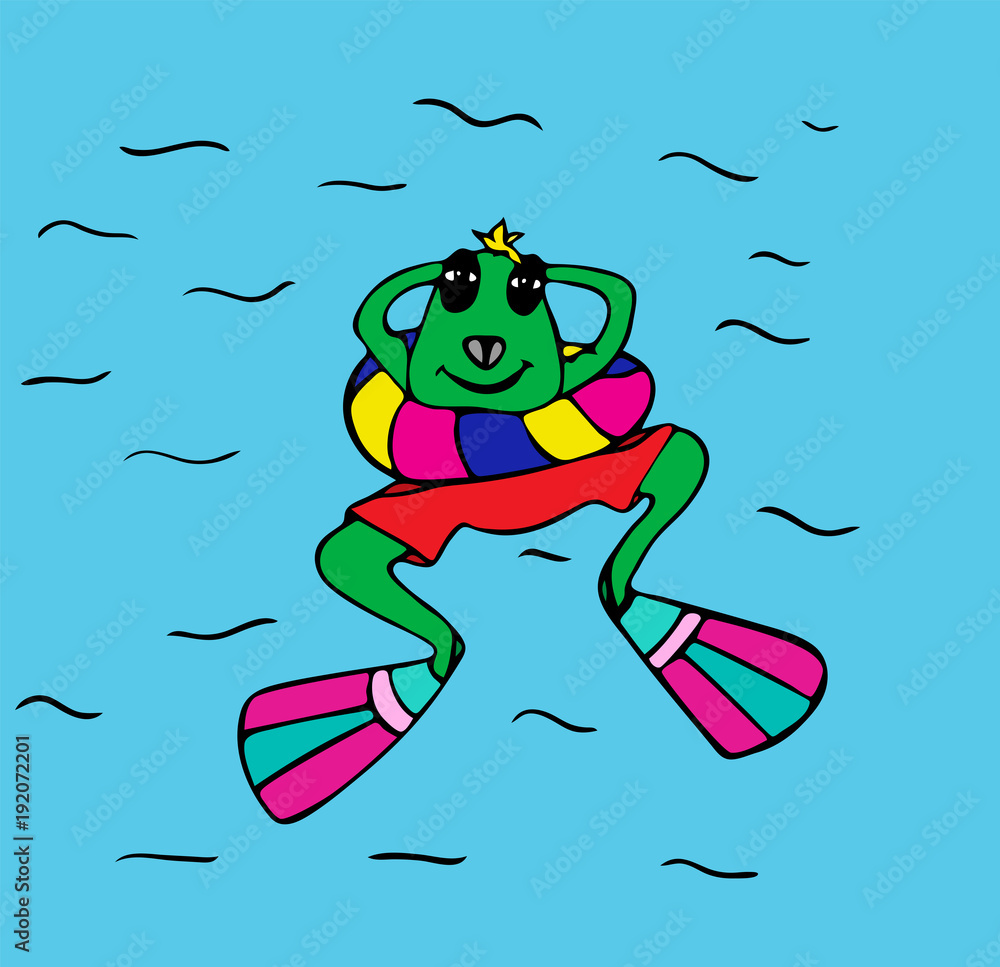 Fototapeta premium green frog in flippers floating in the sea
