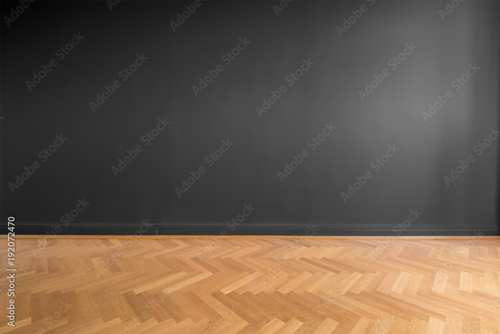   black wall background and parquet floor - obrazy, fototapety, plakaty 