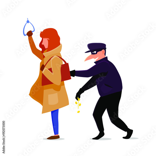Thief steals from a woman's handbag, vector illustration isolated on white background