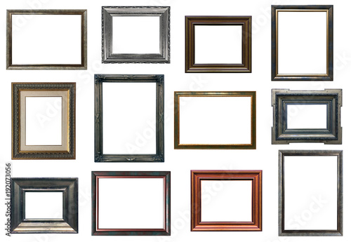 Collection of various antique frames on white background