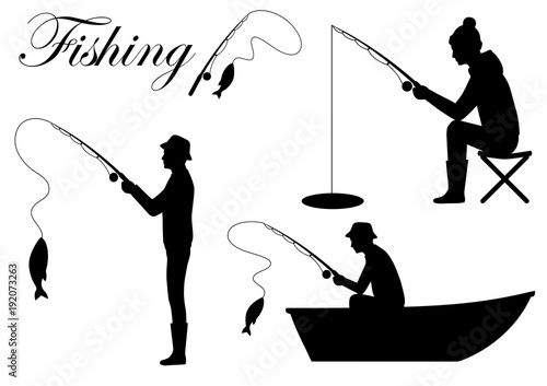 Vector illustration of a silhouette fisherman icon, man cath fish on fishing rod 