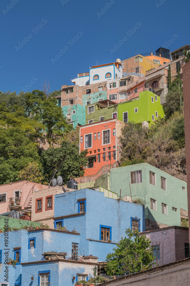 A hillside with blue, green, pink and other colored houses, with green trees and a clear, deep blue sky, in Guanajuato, Mexico