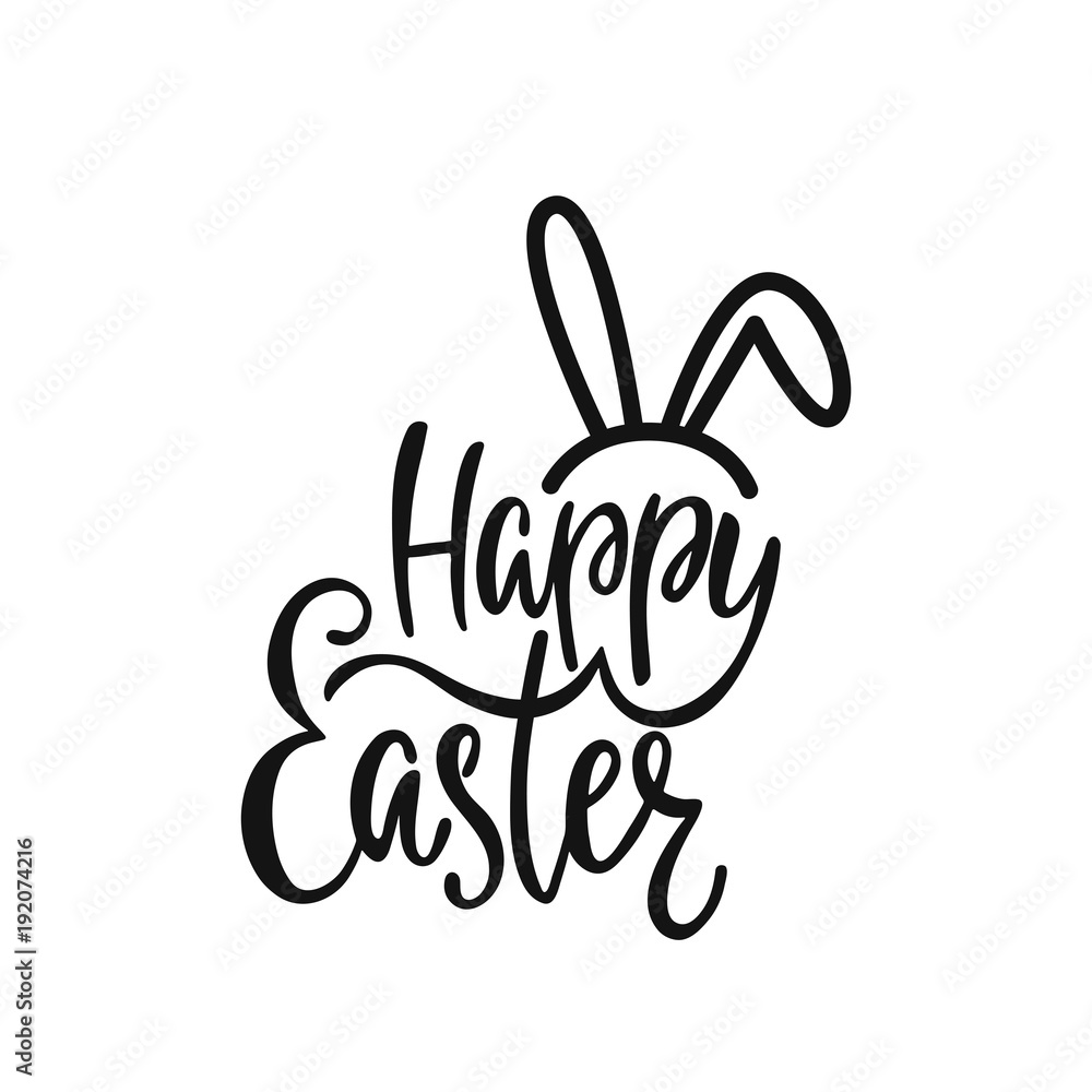 Naklejka premium Happy Easter greeting card. Handwritten vector lettering text with bunny's ears. Calligraphic phrase.