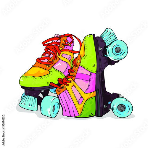 Pair of vintage, retro quad roller skates, hand drawn vector illustration isolated on white background, sketch style