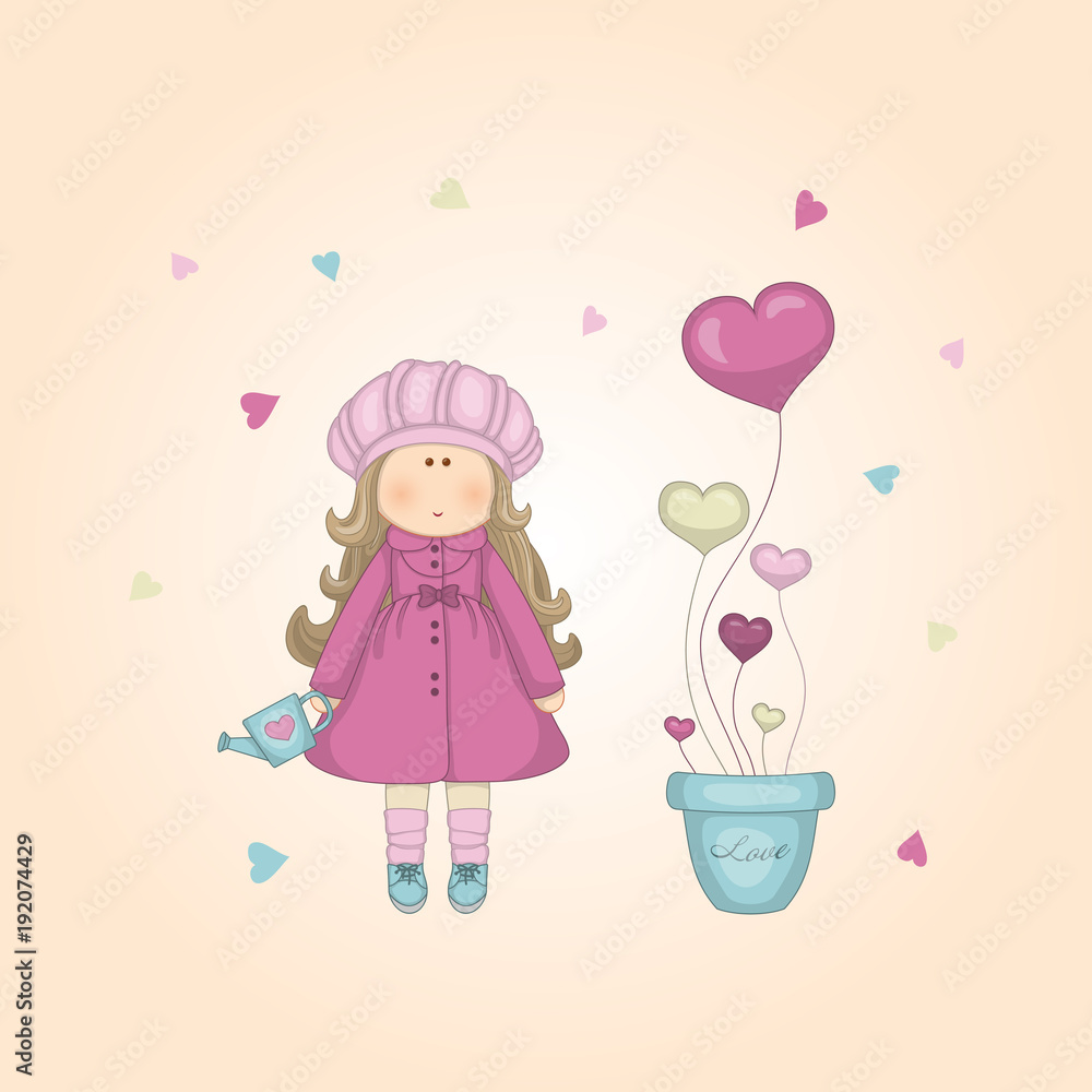 Vector illustration of cartoon little cute doll. Can be used for baby t-shirt print, fashion print design, kids wear. Vector illustration of cartoon little cute doll. Can be used for baby t-shirt print, fashion print design, kids wear.