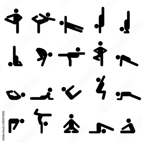 Set of twenty yoga poses in stick figures