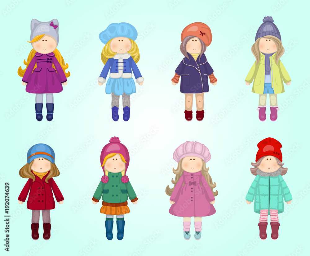 Vector illustration of cartoon little cute doll. Can be used for baby t-shirt print, fashion print design, kids wear. Vector illustration of cartoon little cute doll. Can be used for baby t-shirt print, fashion print design, kids wear.