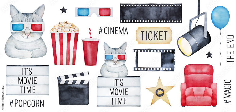 Big Cinema Set with cute funny kitty character, "Movie Time" elements, media hashtags, clapper, filmstrip. Red, blue, gold, black color. Hand drawn watercolour graphic drawing on white background. - obrazy, fototapety, plakaty 