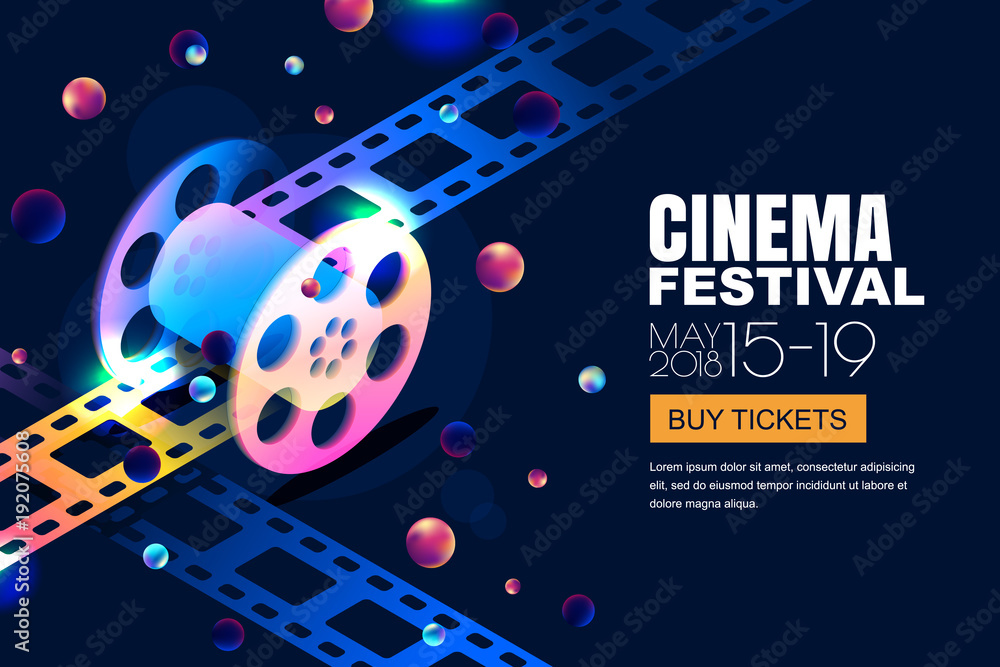 Vector glowing neon cinema festival banner. Film reel in 3d isometric style  on abstract night cosmic sky background. Design template with copy space  for movie poster, sale cinema theatre tickets. Stock Vector