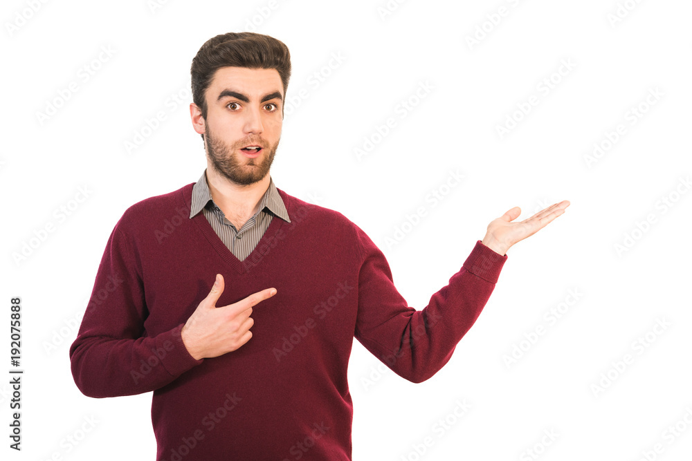 The man gesturing on the white background The man gesturing on the white background