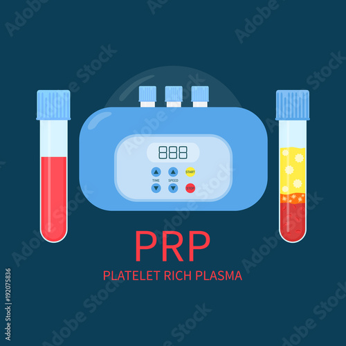 Platelet rich plasma laboratory equipment kit, with centrifuge machine and blood tubes used for hair treatment and face injections. Medical design template for diagnostic centers. Vector illustration.