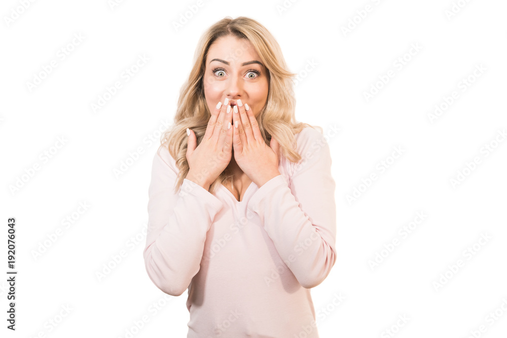 The excited woman gesturing on the white background The excited woman gesturing on the white background