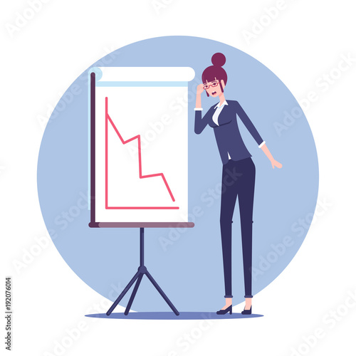 Shocked businesswoman stands next to the presentation board which shows a red negative graph vector flat design. Surprised woman employee and a falling chart. Business concept crisis and recession