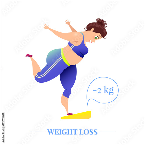 Happy plus size woman on scales celebrating weightloss after a diet. Perfect body, goal achievement and sport concept. Healthy lifestyle motivation cartoon poster. Vector illustration. 