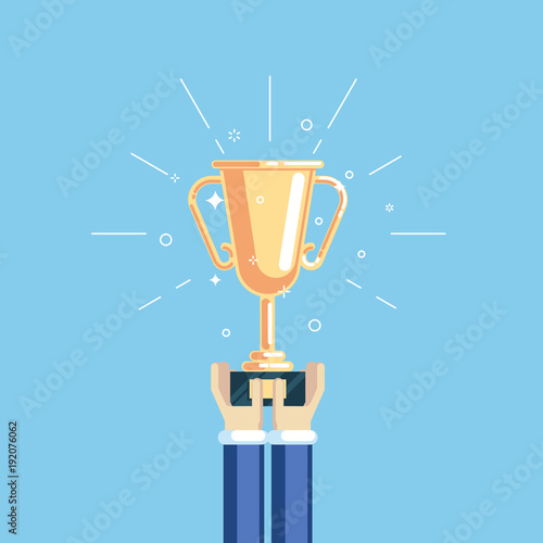 Hands of businessman holding golden cup flat vector illustration. Winner prize goblet. Business trophy award