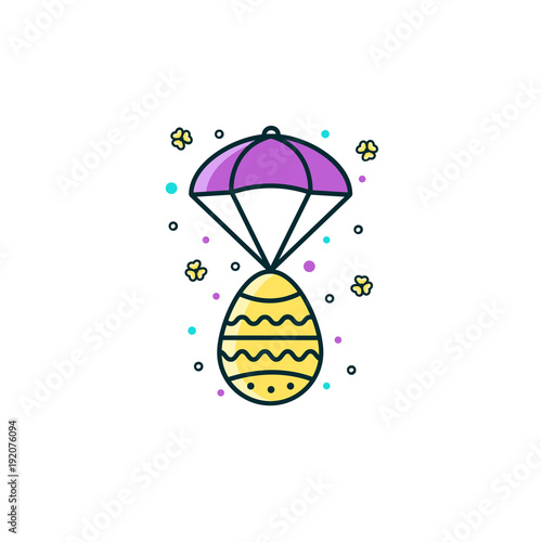 Easter egg and parachute flat color line icon on isolated background. Pascha, Ressurection day decoration, symbol, sign, pictogram, design element.
