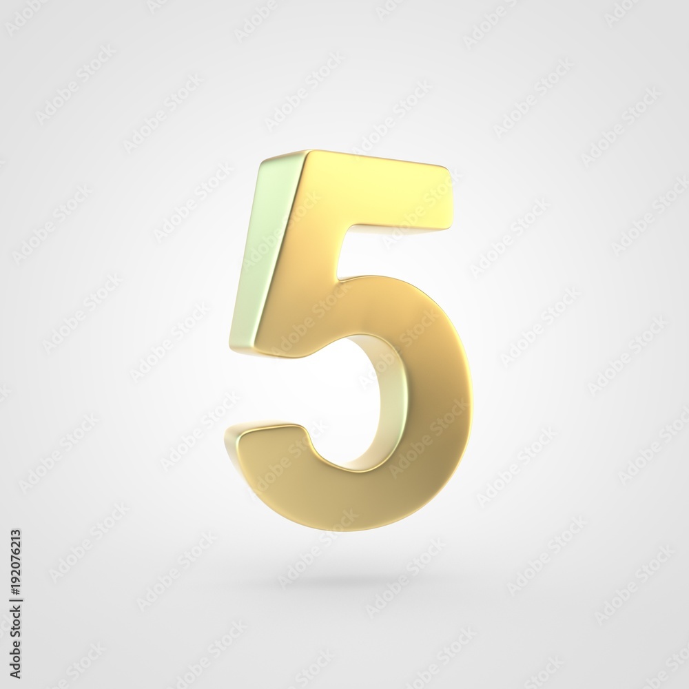 3D rendered golden number 5 isolated on white background. 3D rendered golden number 5 isolated on white background.