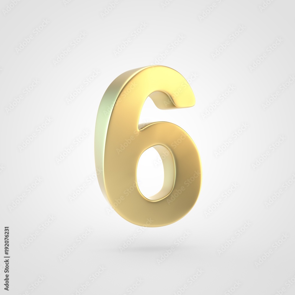 Naklejka premium 3D rendered golden number 6 isolated on white background.