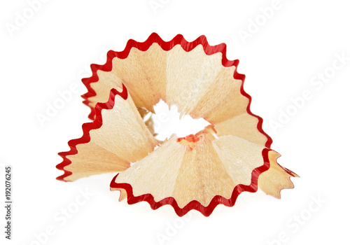 Closeup of pencil shaving isolated on white background