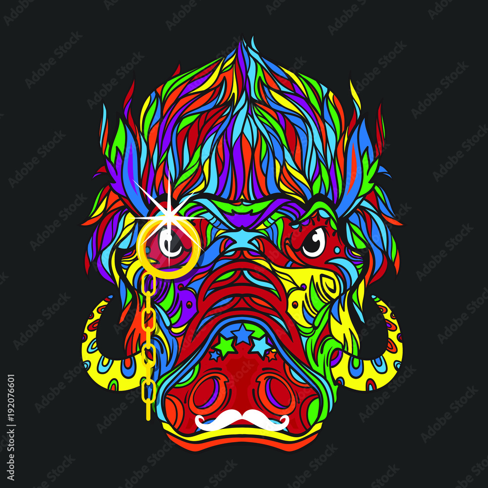 Ornament face of warthog with gold monocle and white mustache, vector illustration isolated on dark background