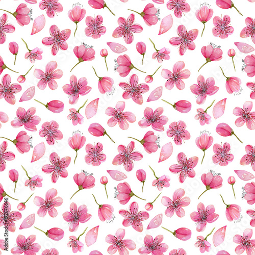 Wallpaper Mural Watercolor spring cherry tree flowers seamless pattern, hand painted on a white background Torontodigital.ca