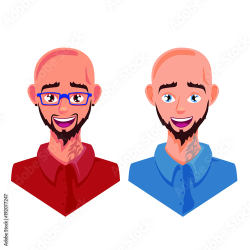 Two bald man with eyeglasses, earrings, tattoo and beard, vector illustration isolated on white background