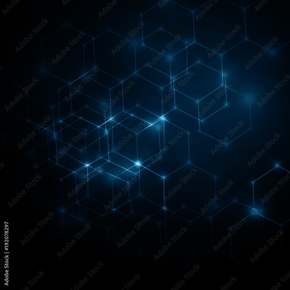 Abstract background with connected lines and dots for your design. Smooth lines, beautifully intertwined, shining dots and flashes on a dark background