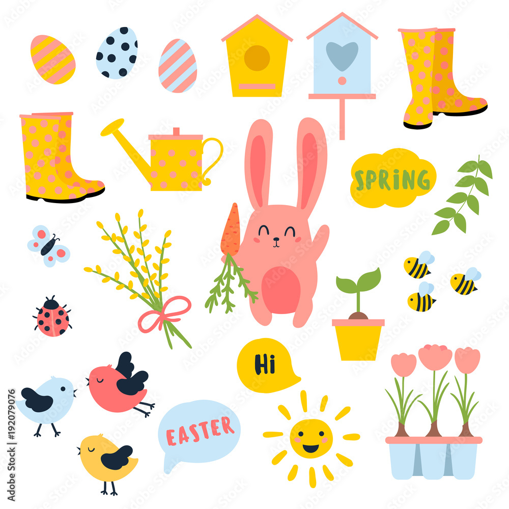 Vector Easter and spring set with cute bunnie with carrot, birds, chicken, eggs, flowers, birdhouses. Ladybug, butterfly, sun, boots. Collection of objects symbolizing the beginning of the spring.
