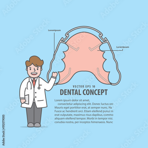 Layout Hawley retainer and doctor cartoon style for info or book illustration vector on blue background. Dental concept.