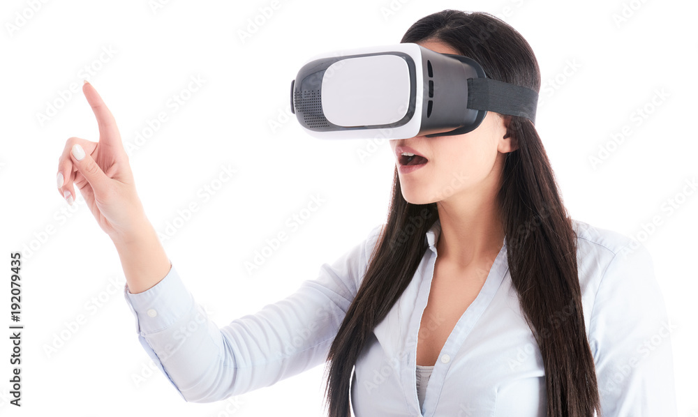 Young woman is using VR headset on white background Young woman is using VR headset on white background