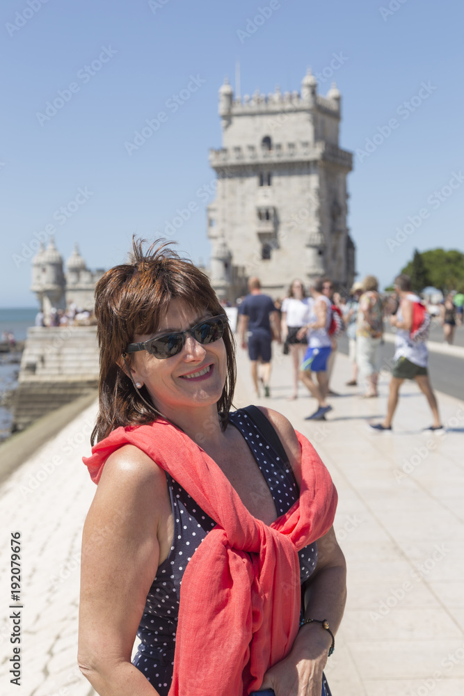 woman with sunglasses, on vacation in Lisbon, Portugal, Europe