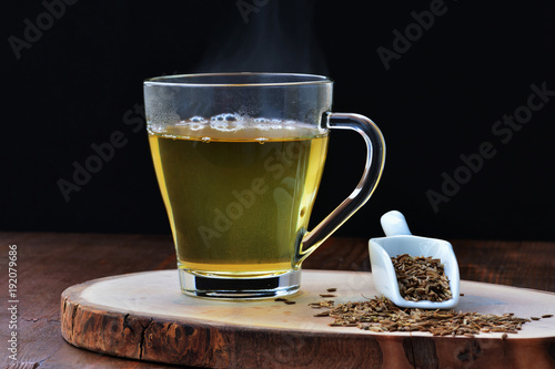 Cumin seed tea, jeera water for weight loss in glass mug