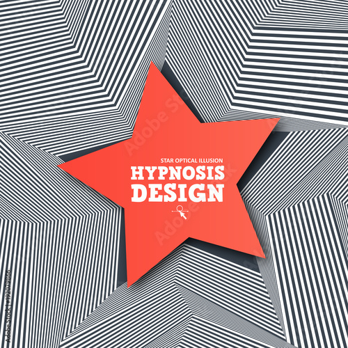 Abstract star optical illusion. Creative banner with geometric lines and 3d effect. Hypnosis infinity pattern for cover, poster, promo, web. Vector black - white striped with red star. Wavy design