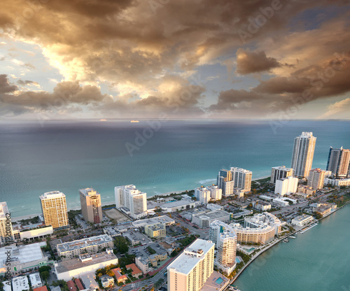 Sunset skyline of Miami Beach, view from helicopter © jovannig