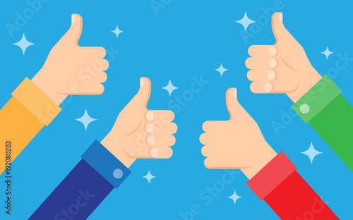 Cheering people holding many thumbs thumbs up