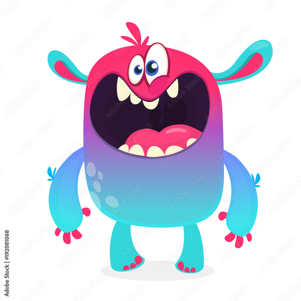 Fototapeta premium Cute furry blue monster. Vector bigfoot or troll character mascot. Design for children book, holiday decoration, stickers or print