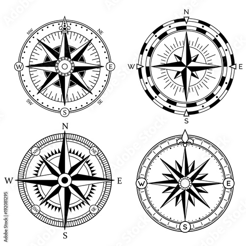 Wind rose retro design vector collection. Vintage nautical or marine wind rose and compass icons set, for travel, navigation design