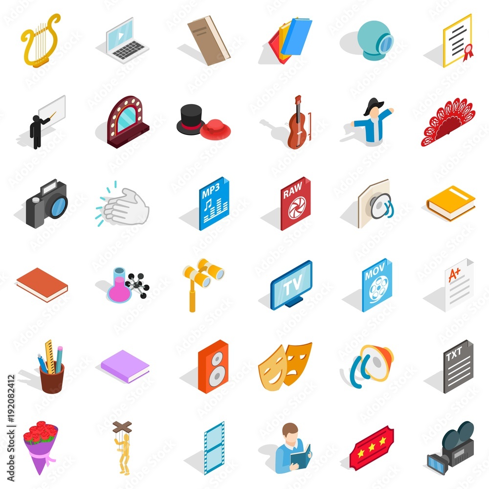 Concert version icons set, isometric style Concert version icons set, isometric style