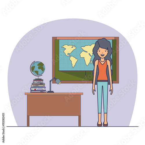 female teacher in geography class with pile books vector illustration design