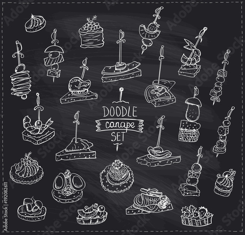 Chalk graphic doodle illustration with canapes and sandwiches