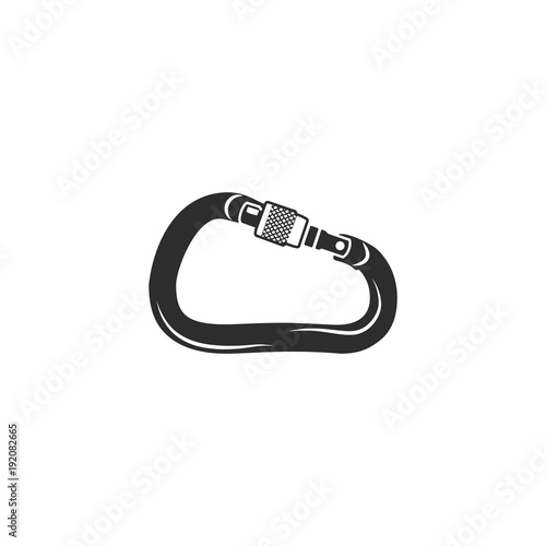 Climbing carabiner icon. Silhouette style symbol. Black pictogram of climbing equipment - carabiner. Vintage hand drawn illustration. Stock vector isolated on white photo