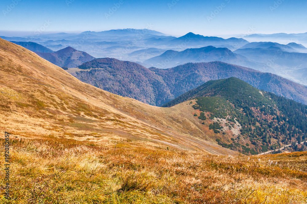 Mountainous country with valleys, the national park Mala Fatra in northern Slovakia, Europe.