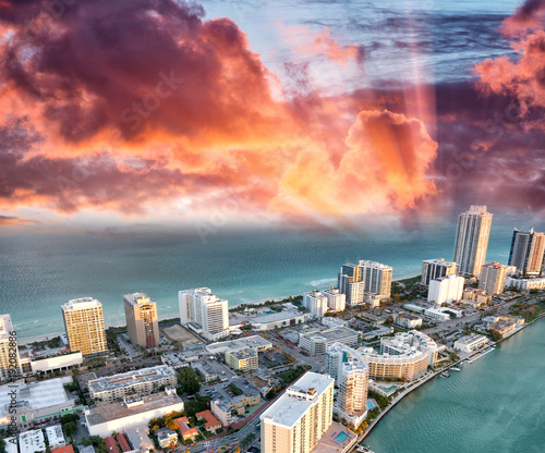 Helicopter view of Miami Beach at dusk, Florida - USA © jovannig