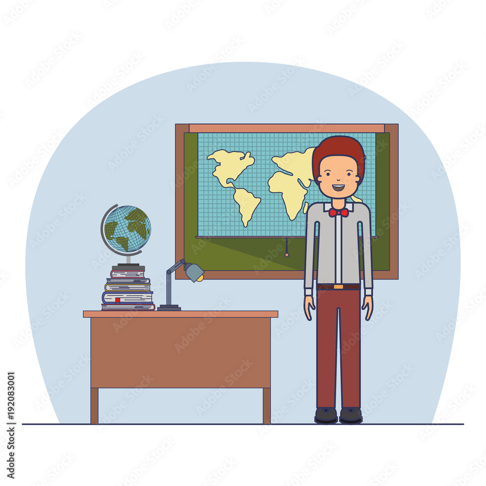 male teacher in geography class with pile books vector illustration design