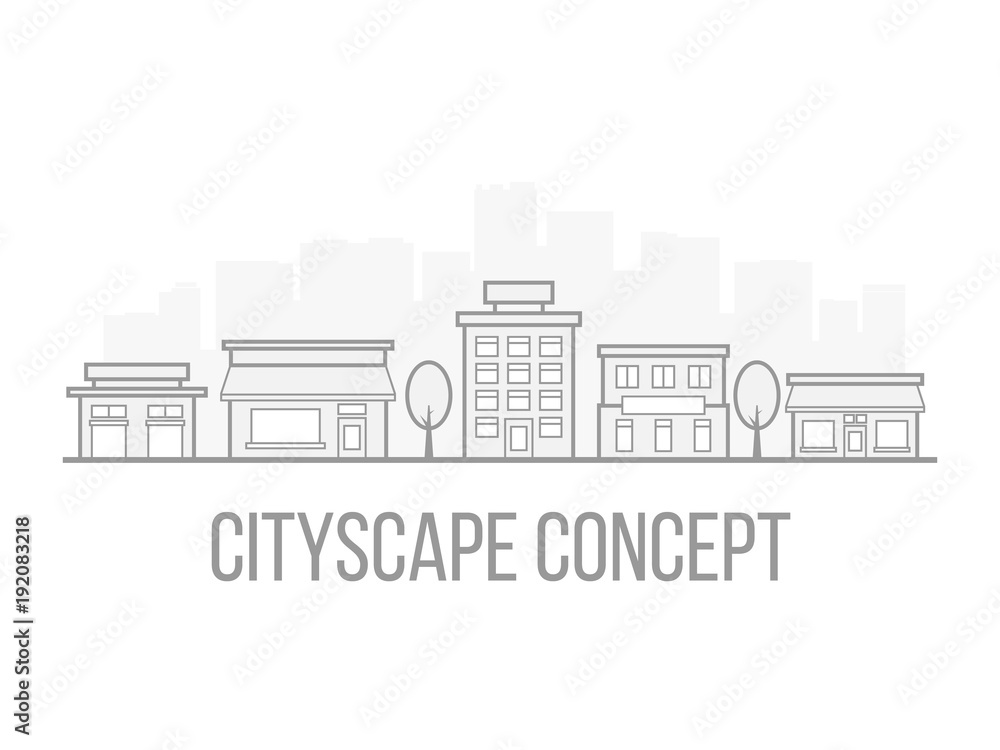 Cityscape concept in popular linear style. Gray and white design. City scene for website or business card. Real estate agency template. Vector illustration