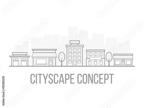 Cityscape concept in popular linear style. Gray and white design. City scene for website or business card. Real estate agency template. Vector illustration
